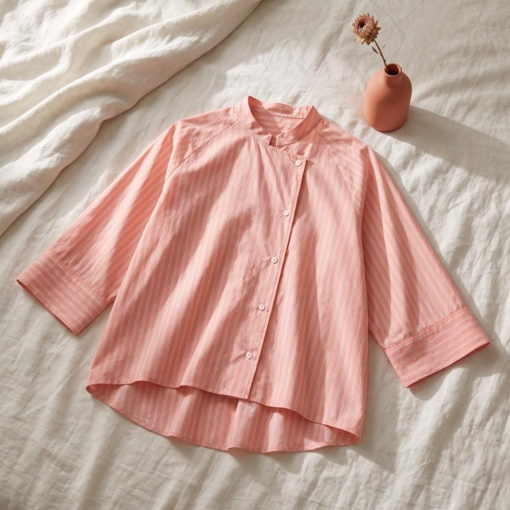 Asymmetric Button Tops Elegant Casual Blouse Fashion Tops Loose Striped Shirt  for Woman