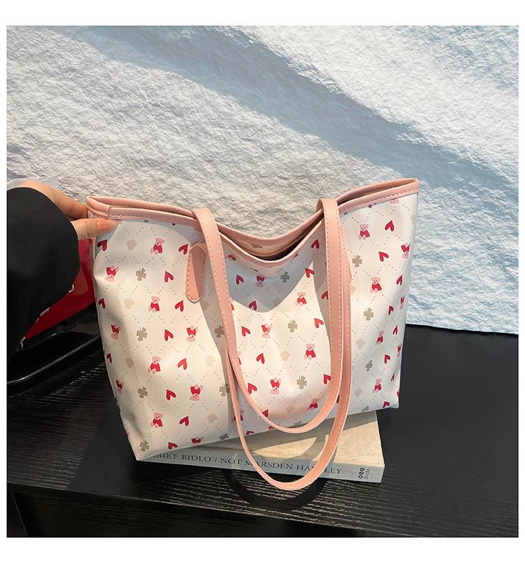 Sweet Cherry Printed Tote Bag For Women Large Capacity Street Style Pu Handbag