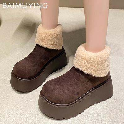 Ботильоны женские на меховой платформе, замшевые короткие, плюшевые, на среднем каблуке, хлопковые туфли, тренд 2025 года, теплая повседневная зимняя обувь, новые женские ботинки