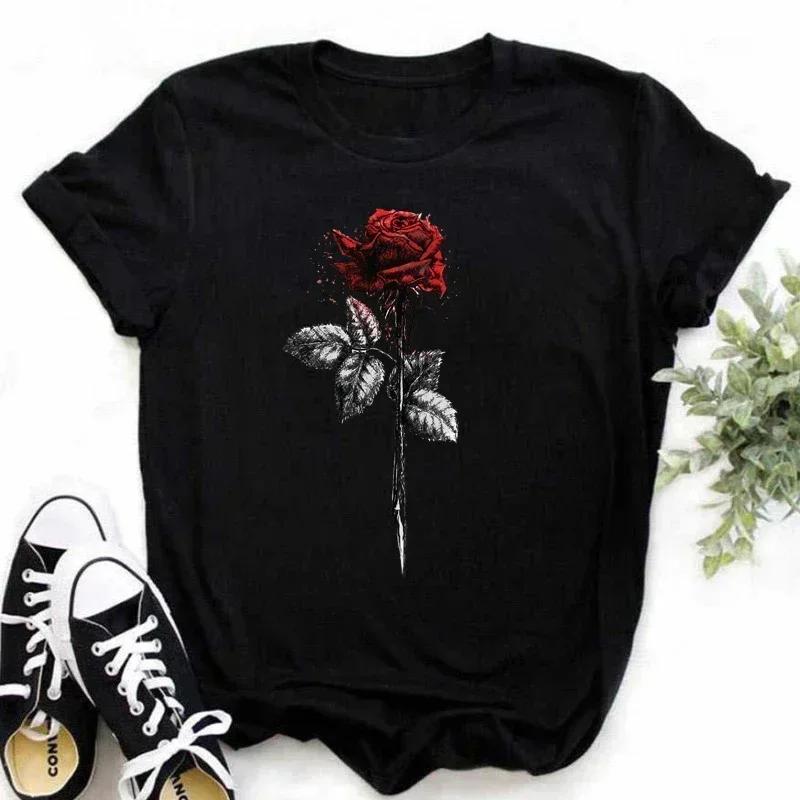 Red Rose Print Women T Shirt Summershort Sleeved Round Neck Harajuku Korean Style Graphic Tops Kawaii Female T-shirt Tops