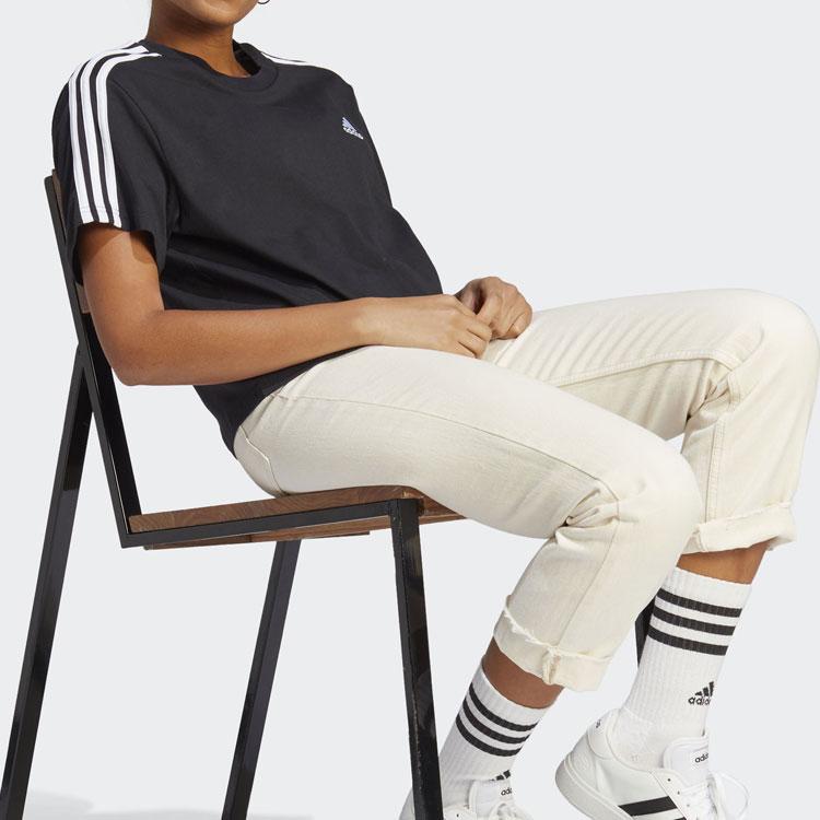 Adidas Полосатая футболка с круглым вырезом и коротким рукавом с принтом, женские топы, черные HR4913