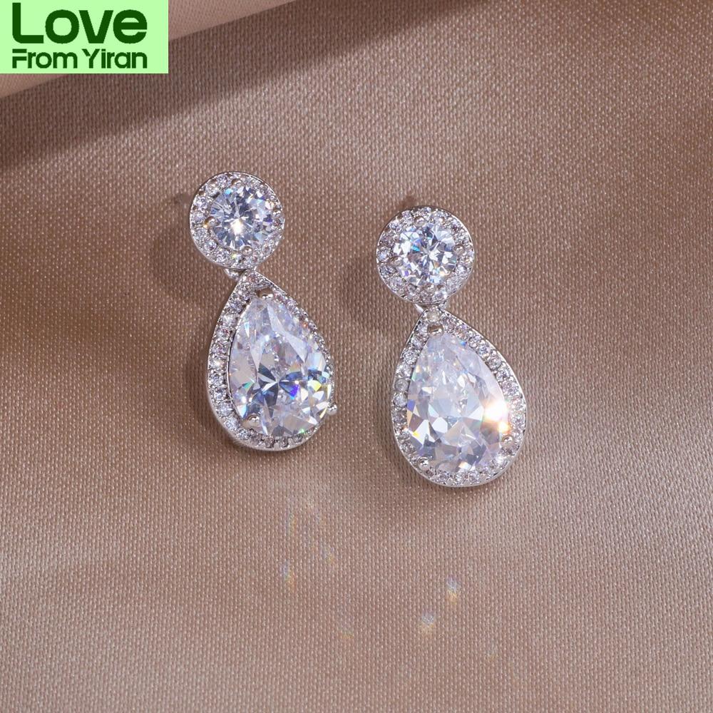 Classic Sliver Color Water Drop Shaped Cubic Zirconia Crystal Earrings For Women Romantic Wedding Jewelry For Brides Bridesmaid