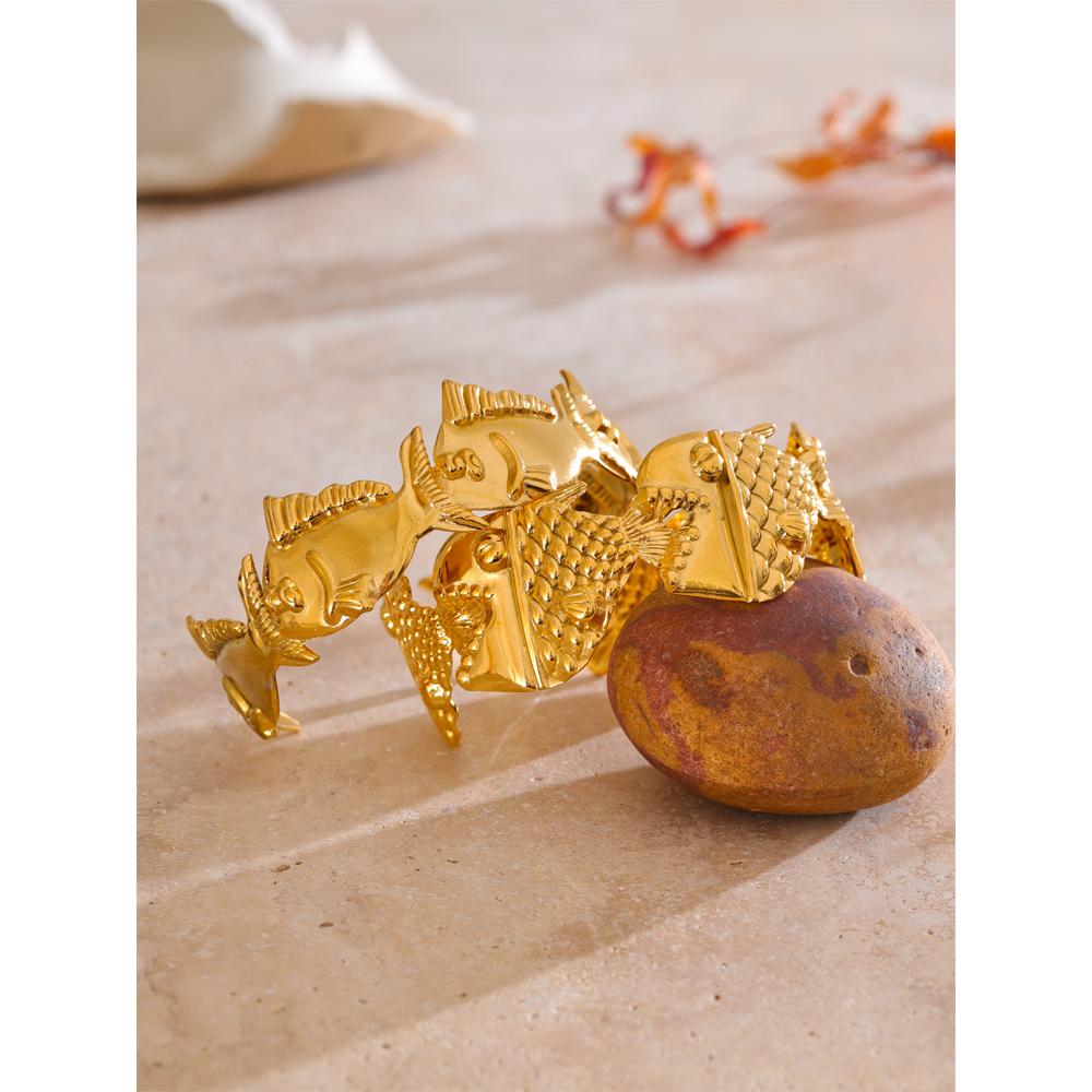 Eetit Регулируемый металлический браслет-манжета в виде рыбы акулы с 18-каратным PVD-покрытием, летний браслет из нержавеющей стали, золотой, для пляжного отдыха