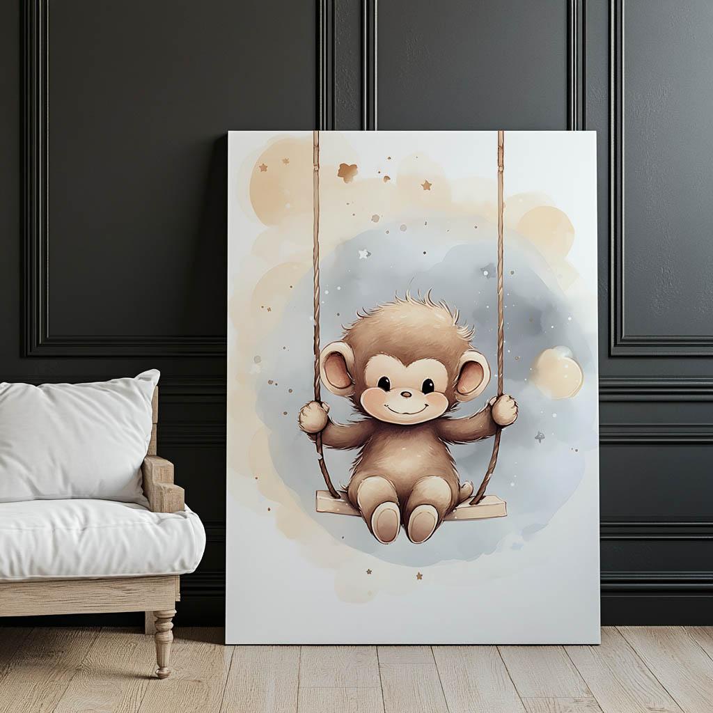 Małpka Na Huśtawce Małpka Na Huśtawce, 70X100 Cm, Rama Drewniana Ciemny Brąz, Papier Matowy 230 Gsm