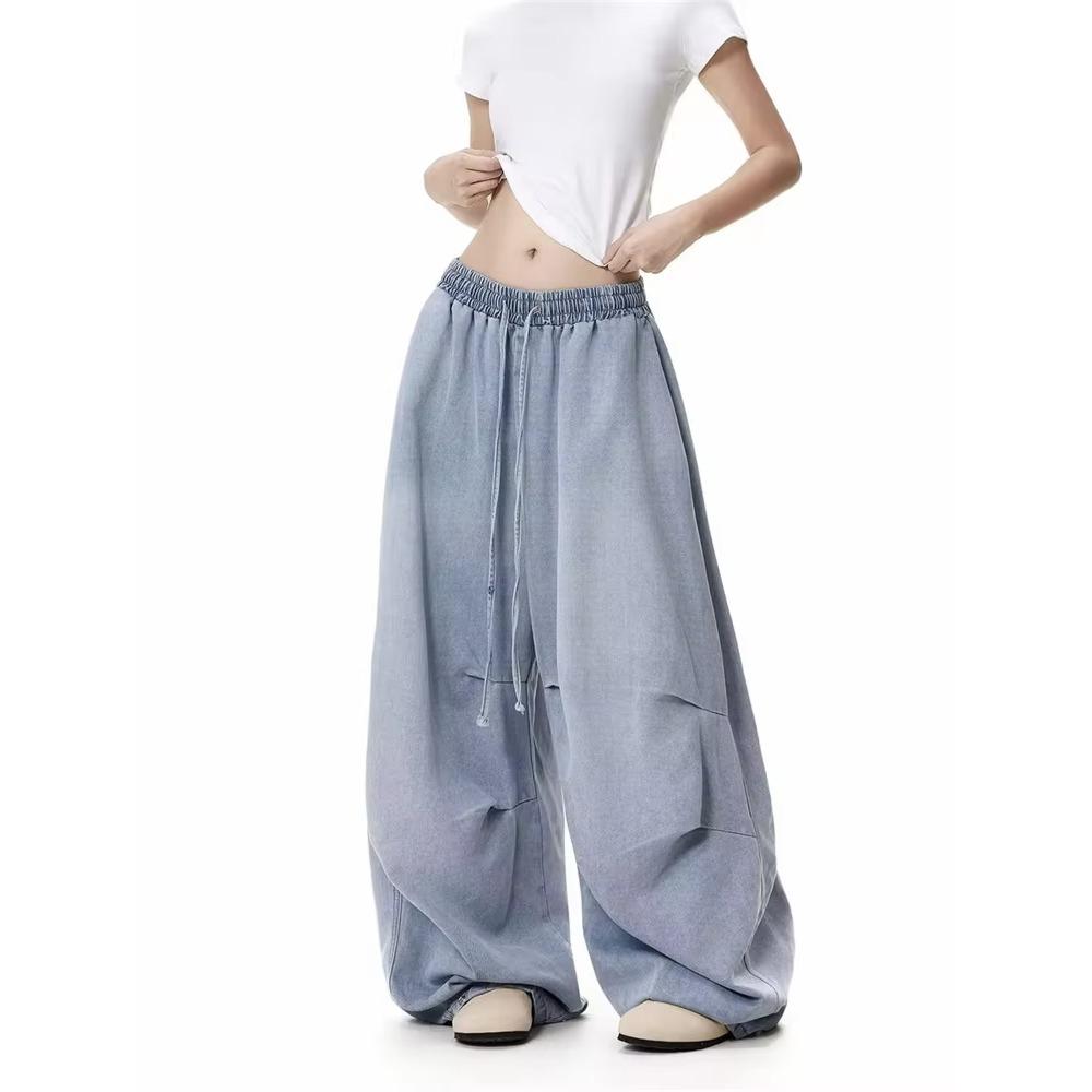 Streetwear Washed Jeans Women Loose Straight Wide Leg Cargo Trousers Parachute Style Denim Pants