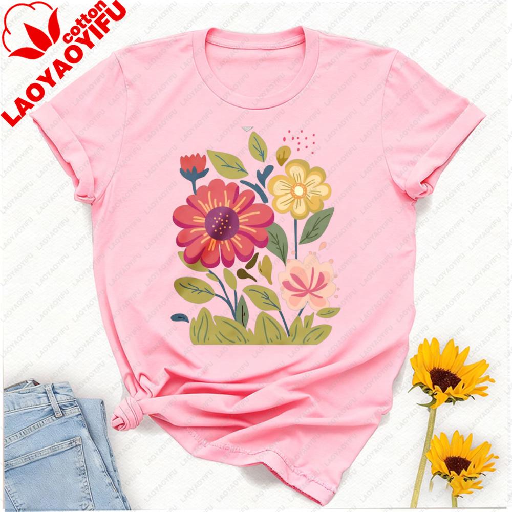 Unisexs Floral Graphic TShirt Short Sleeve Wildflower Tee Colorful Botanical Print Soft Cotton Crew Neck Shirt Spring Summer