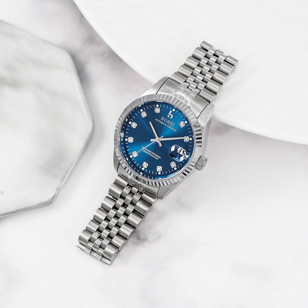 Мужские автоматические часы BUREI, Водонепроницаемые, Аналоговые, Отображение даты, Механические часы, Популярный мужской бренд, Стильные, Простые, Повседневные, Часы глубокого синего цвета