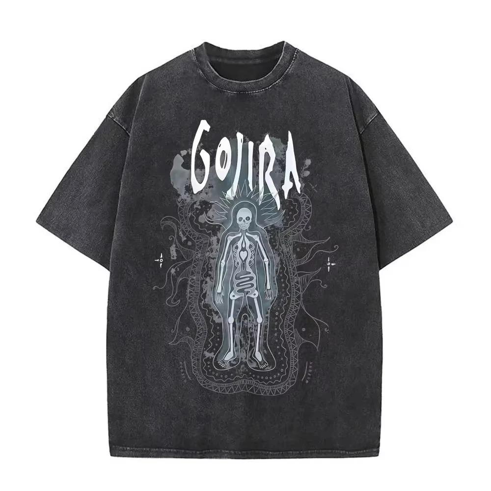 Gojira Древо Жизни Винтажная Черная Футболка Оверсайз с Двусторонним Графическим Принтом Acid Wash | Уличная Одежда для Фанатов Прогрессив-Метал Группы Мерч Футболка