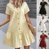 Women's Summer Cotton Linen Midi Dress Casual Short Sleeve V-Neck Button