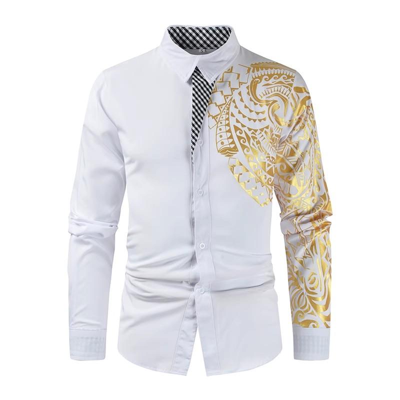 Мужские деловые рубашки Мужская классическая рубашка Повседневная уличная одежда Черная золотая печать Рубашка с принтом Дизайн отложной воротник Мужские топы