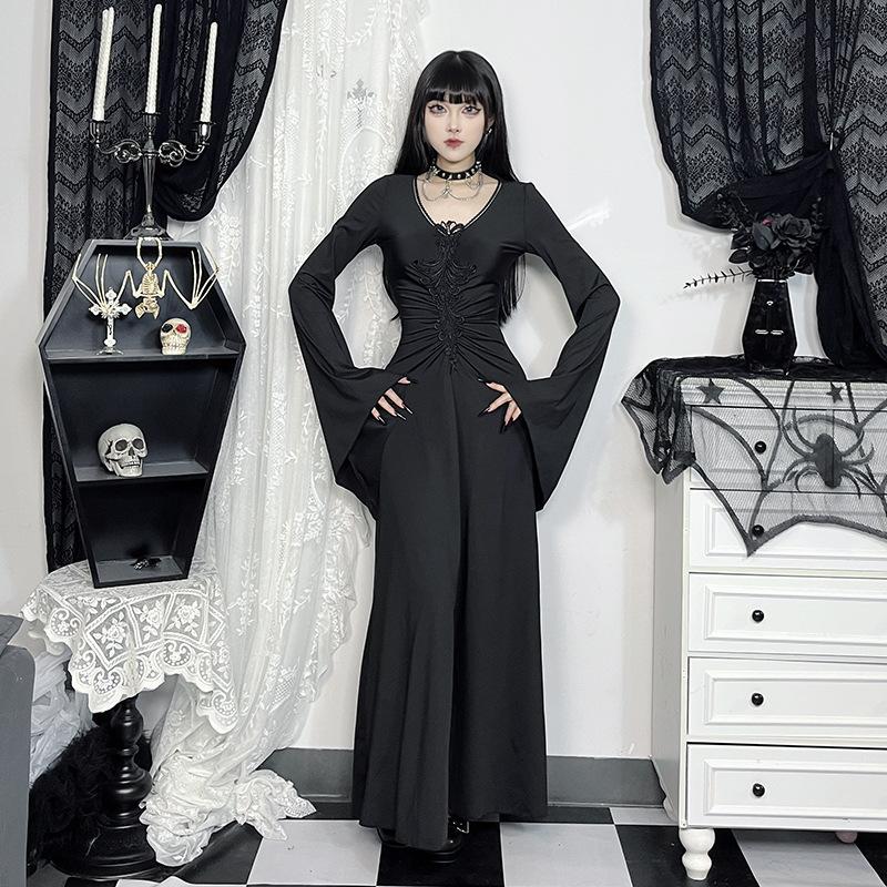 AltGoth Винтажное готическое платье на Хэллоуин Женское темное панковское элегантное платье с расклешенными рукавами и V-образным вырезом с высокой талией Платье в стиле эмо-альтернативной вечеринки