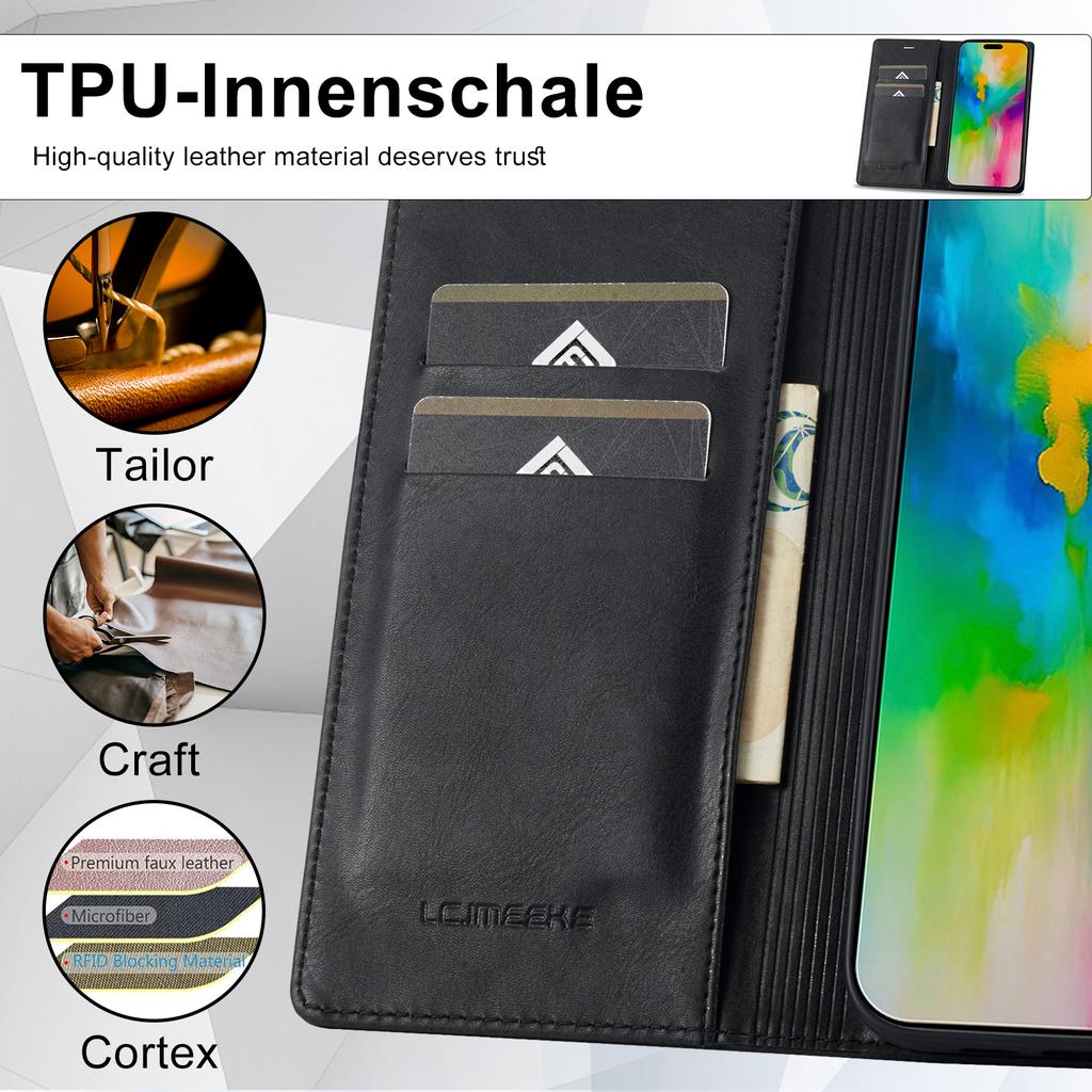 LC.IMEEKE Кожаный чехол для iPhone 16 Pro Max с блокировкой RFID и слотами для карт, чехол для телефона