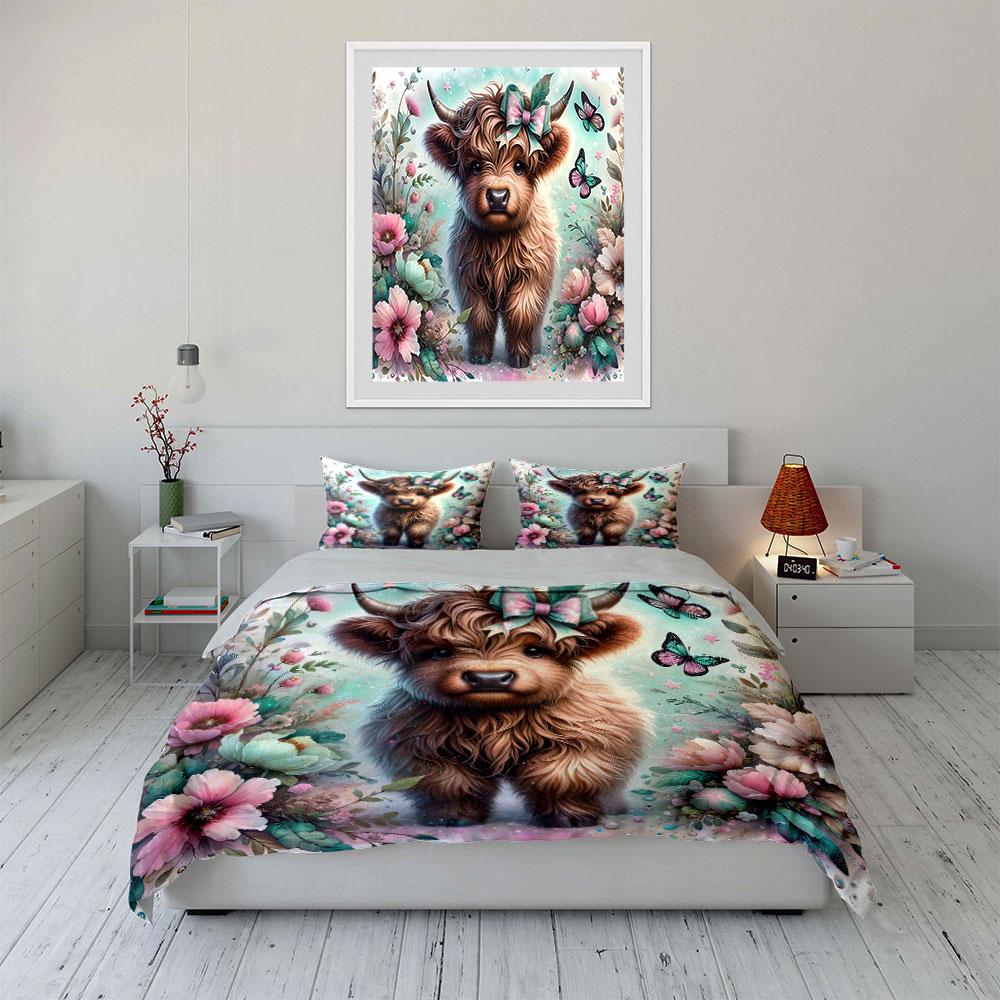 Highland Cow with Butterflies Bedding Duvet Cover Set (1*Duvet Cover 2*Pillowcases, without duvet insert)