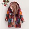 Women Winter Coat Vintage Ethnic Printing Patchwork Plush-lined Hooded with Pockets Mid Length Button-down Outdoor Jacket