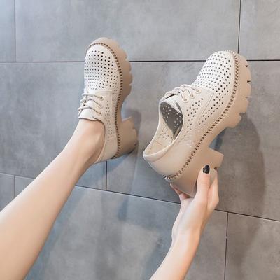 Сандалии из натуральной мягкой кожи со шнуровкой и дырками на толстом каблуке, весна/лето, новые туфли на высоком каблуке с нескользящей платформой для женщин