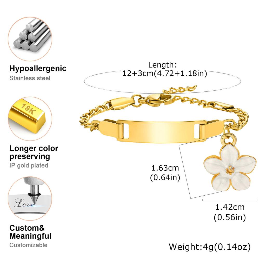 Personalized Name ID Bracelets for Baby Girls, Anti Allergy Gold Plated Stainless Steel Child Engrave Name Birthdate Bracelet
