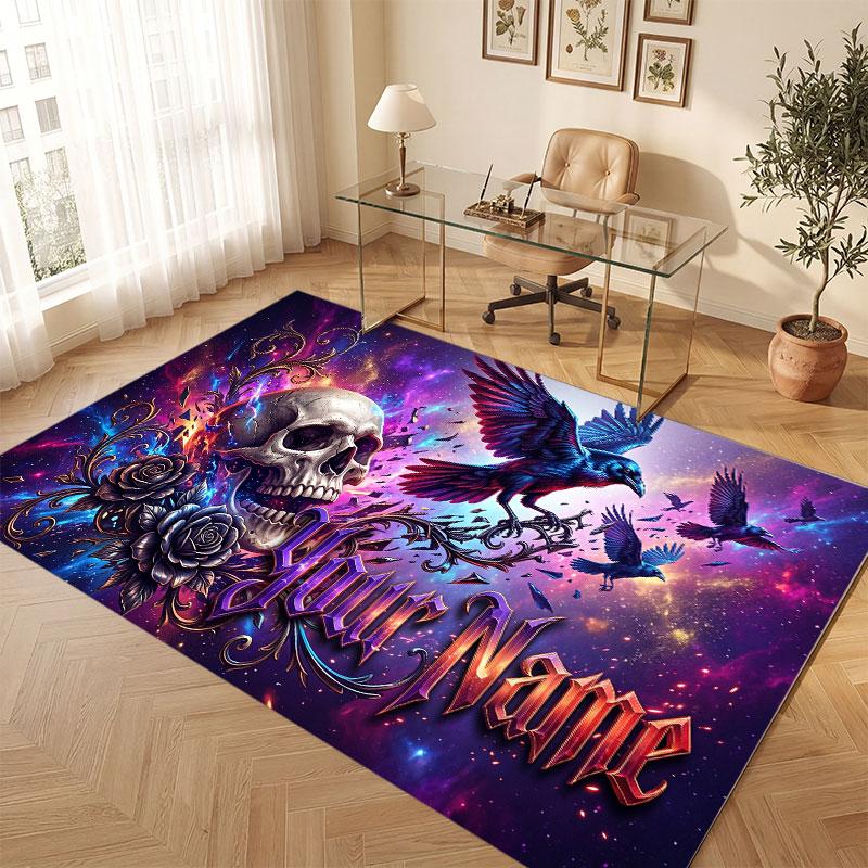 Skull Gothic Theme Crystal Velvet Floor Rug Personalized Custom Name Text Warm Carpet Home Decoration