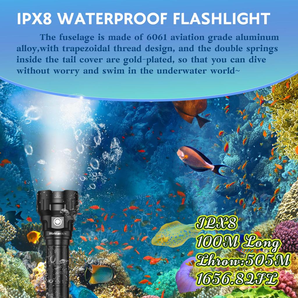 Wurkkos Diving Light DL70 LED Flashlight Waterproof 13000LM Diving Flashlight XHP50.2 Adopts 4 LEDs Underwater Light Usable Up To 100M Underwater
