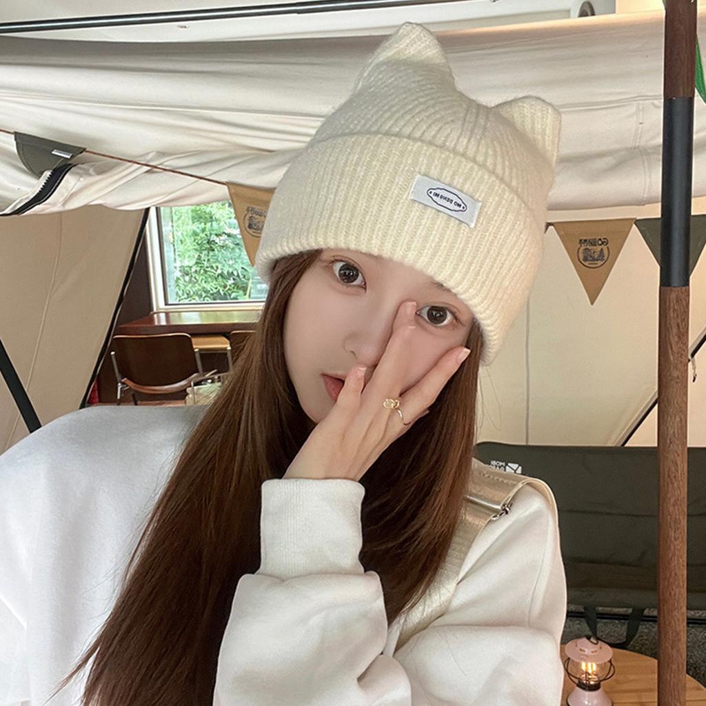 Шапка-бини с кошачьими ушками для студентов и взрослых, ветрозащитная, складная, зимняя шапка, утолщенная шапка-бини в стиле Харадзюку с буквенными наклейками