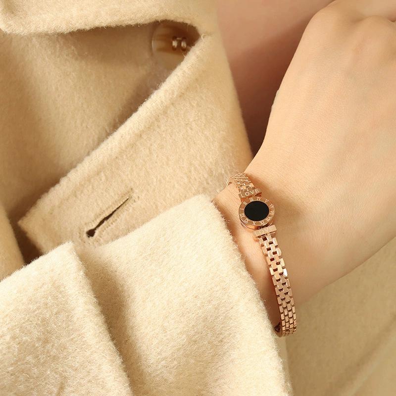 Htpwe Stainless Steel Roman Numeral Love Black Shell Bracelet For Women 18k Gold Plated Couple Holiday Gift Bracelet Zircon