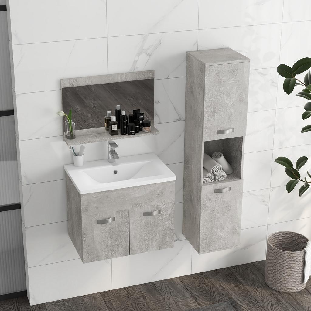 Bathroom Furniture Set, Wall-Mounted, with Mirror, Vanity Unit, Sink and Tall Cabinet, Grey, 4-Piece