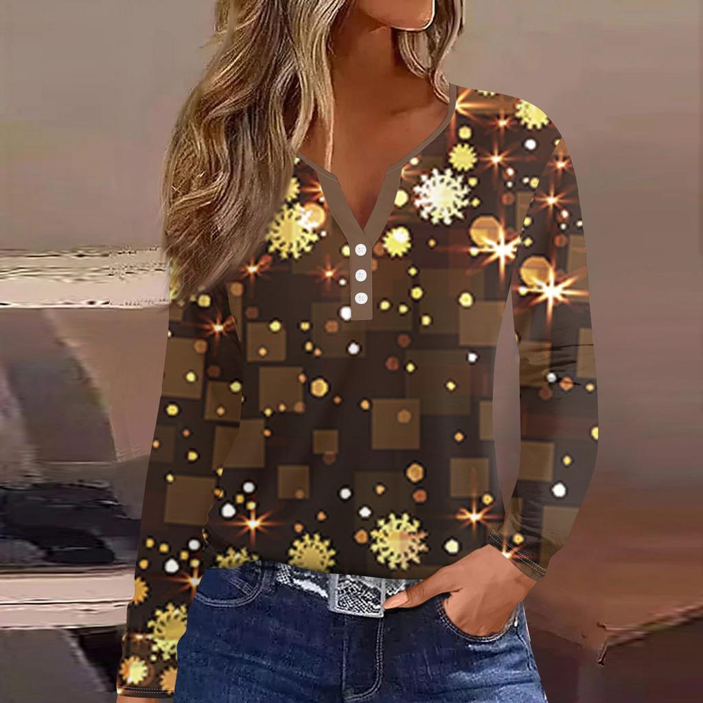 Женская футболка с прямыми плечами и рождественским принтом, длинными рукавами, прямыми плечами и V-образным вырезом на пуговицах