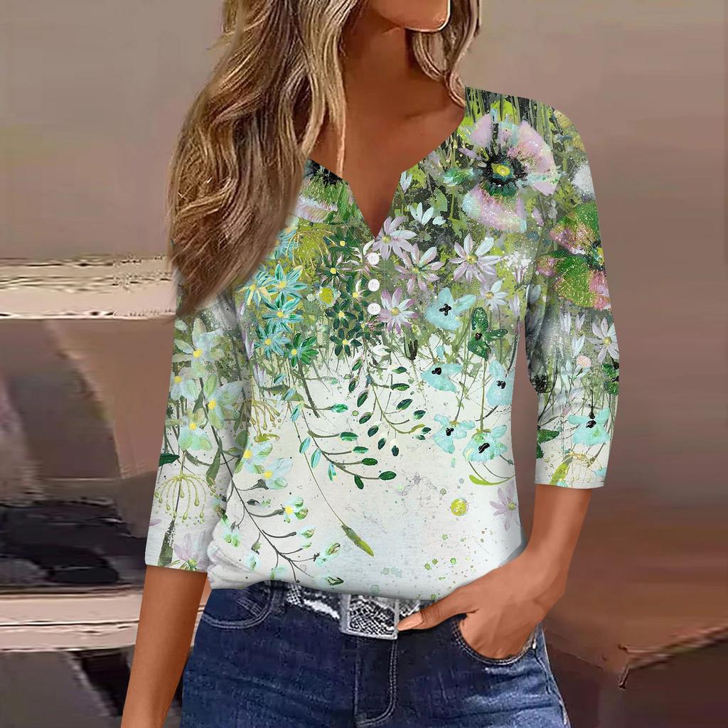 Жен. Футболка Футболка С принтом Пуговицы Рукав 3/4 Повседневные Выходные Мода Классический Классический V-образный вырез Обычный Верх