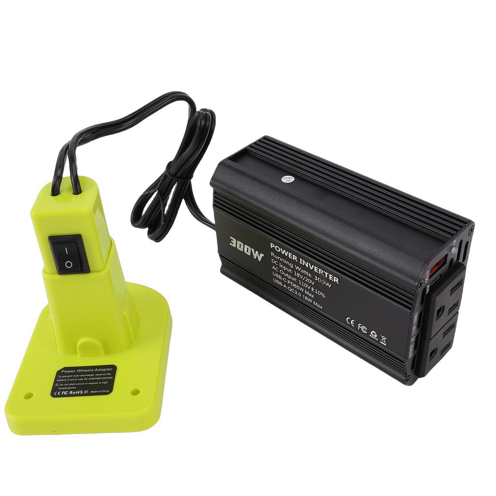 300W Power Inverter Suitable for Ryobi P102 P103 P104 Battery DC to AC Converter with 2 AC Outlets PD65W Type C and 18W