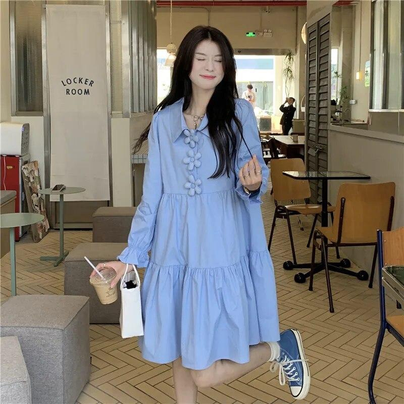 Платья Женские 3D Цветы Y2k Осень Ярко-сладкий Корейский Стиль Простой С Длинным Рукавом High Street Универсальные Темперамент До Колена Повседневные