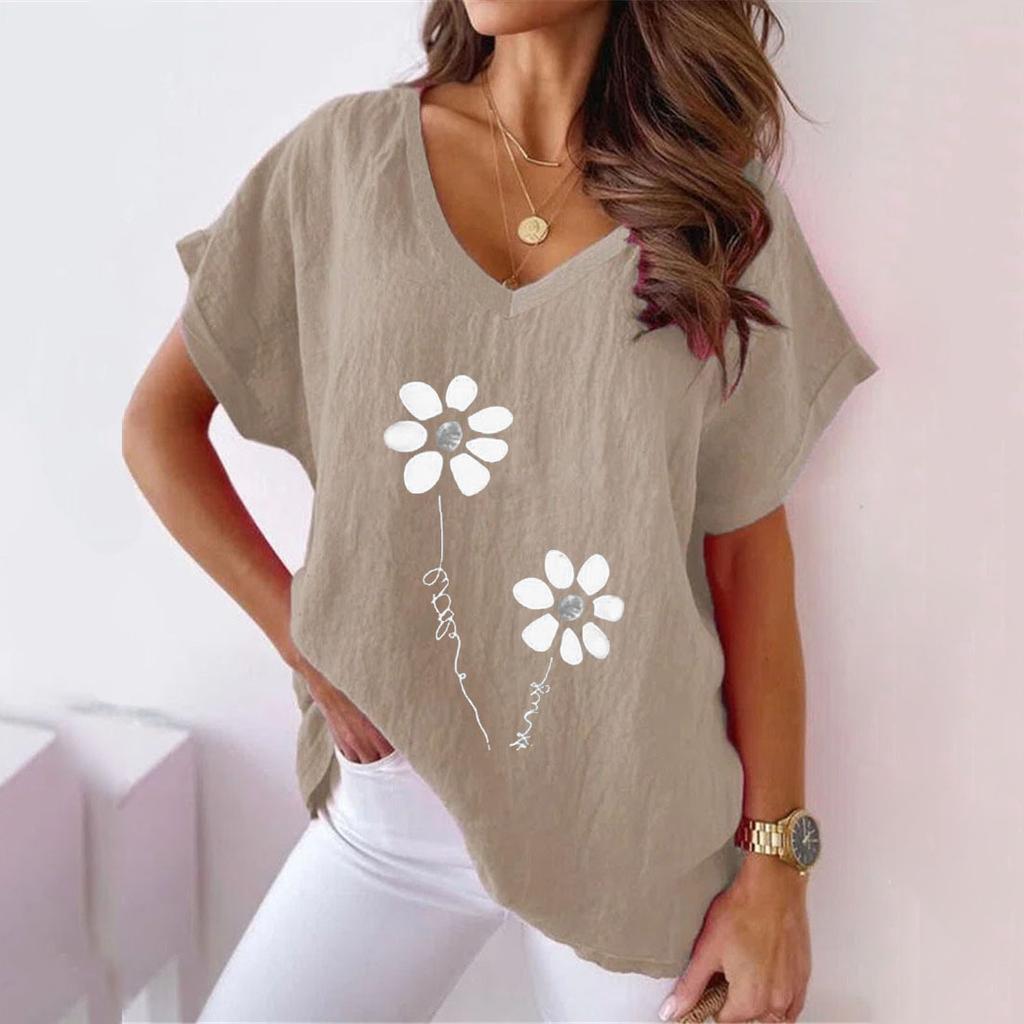 Summer Shirts Women Fashion Plant Flower Print V-neck Cotton Linen Casual Bat Short Sleeved T-shirt Women