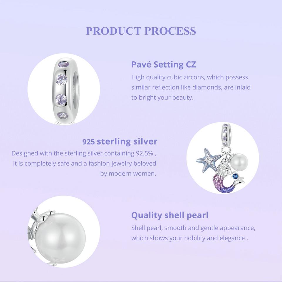 BAMOER Dainty 925 Sterling Silver Dreamy Mermaid Charm Fish Tail Silicone Spacer Bead Charm for Women Fit Original Bracelet