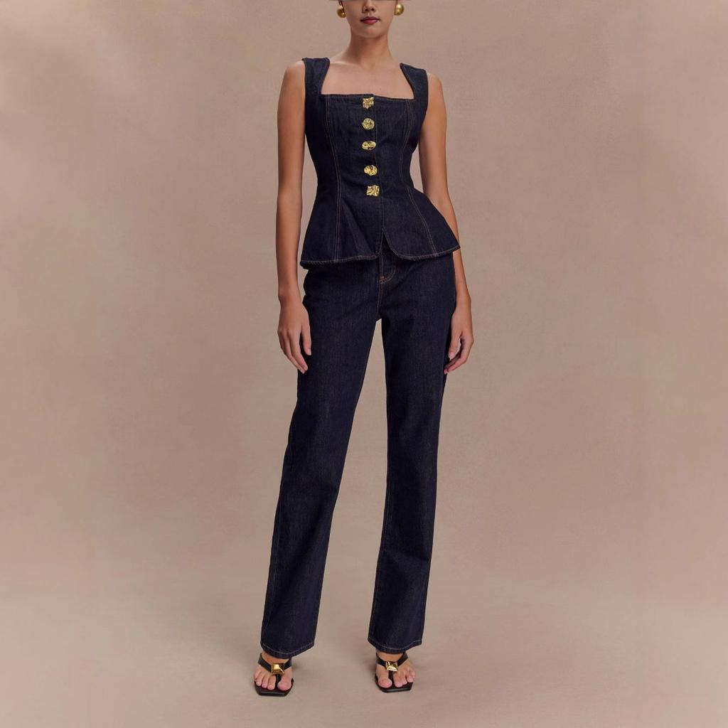 IHUASU Женский комплект из джинсовой куртки и брюк на пуговицах с высокой талией в современном стиле