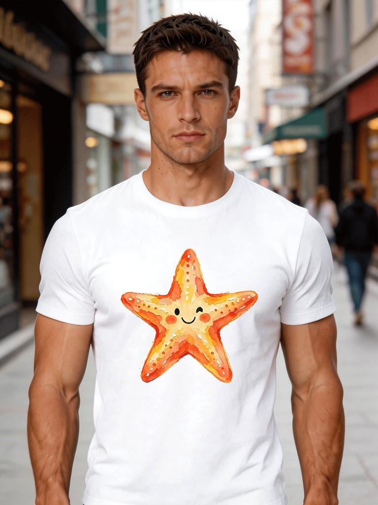 Male Cotton Short Sleeve T Shirt Happy Starfish Ocean Animal Print Loose Crew Neck Trendy Casual Summer Tees For Young Adult Unisex
