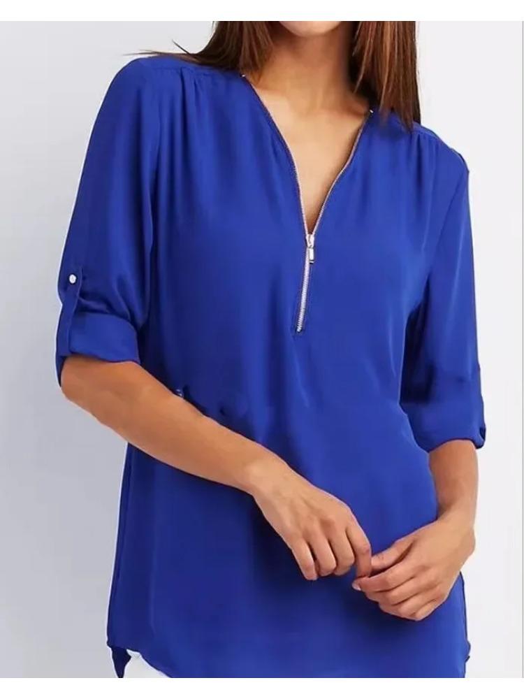 2025 Женская крутая свободная рубашка с глубоким V-образным вырезом, шифоновая модная блузка, повседневные женские топы, сексуальный пуловер на молнии, большие размеры