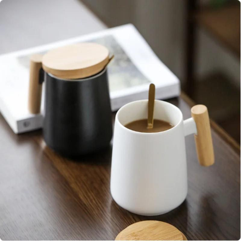 450ML Vintage Wooden Handle Ceramic Coffee Mug Nordic Design Lid Porcelain Tea Milk Cup Drinkware Gift for Couple Office