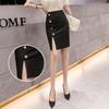 Summer New Button Split Short Skirts High Waisted Elastic Professional OL Women's Patchwork Zipper Bag Black Wrap Hip Half Skirt