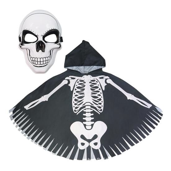 Halloween Skeleton Poncho Hooded Skeleton Cape Halloween Party Costume Cosplay Outfit for Kids Adults