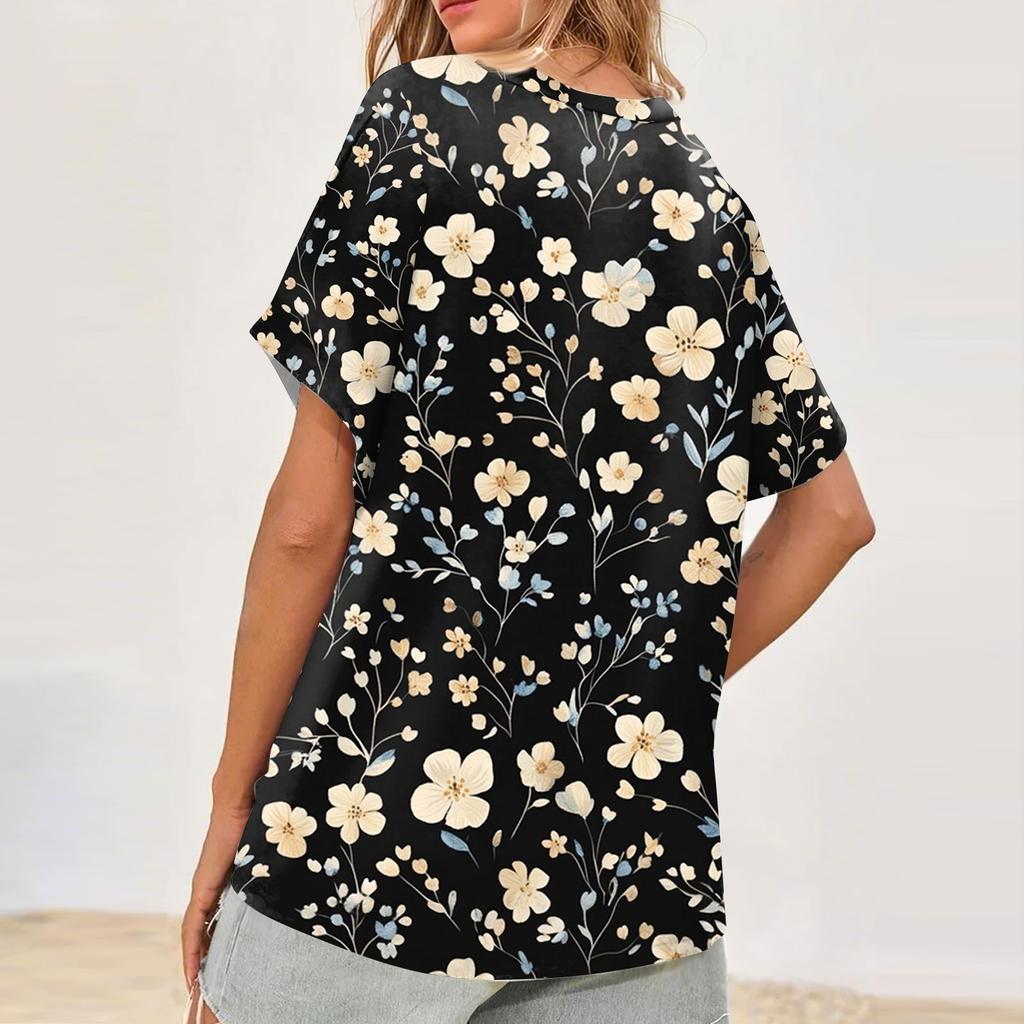 Womens Short Sleeve V-Neck Shirts Floral Print Loose Casual Basic Tees Summer Tops