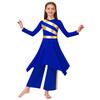Girls Liturgical Dance Costume: Long Sleeve Mock Neck Metallic Patchwork Dress with Asymmetrical Hem & Wide-Leg Pants