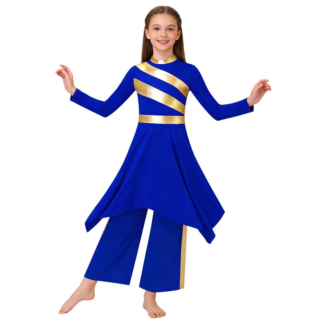 Girls Liturgical Dance Costume: Long Sleeve Mock Neck Metallic Patchwork Dress with Asymmetrical Hem & Wide-Leg Pants