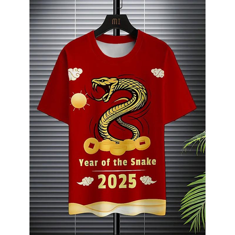 Chinese New Year Popular Patterns T-shirt For Men Short Sleeve Red T Shirts Snake Dragon Graphic Print 2025 Fashion Trendy Tee