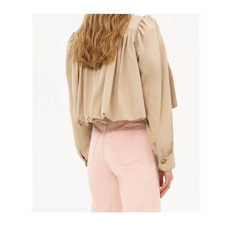 Счетчик То же Zbzr Осень Новые Женская одежда Западный стиль Мода Воротник-стойка Рукав-фонарик Дизайн со складками Чувство Топ