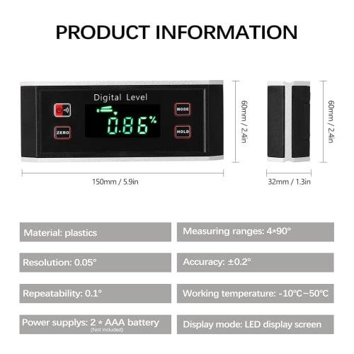Portable 4*90 IP54 Waterproof and Dustproof Level, High-Precision Angle Finder, Digital Inclinometer, LCD Display, Absolute/Relative Measurement Data