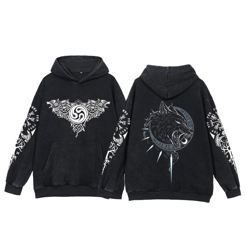 2024 Viking Hoodies Men Tattoo Print Acid Wash Hoodie Cotton Loose Long Sleeve Pullover Vintage Oversized Casual Hooded Sweatshi