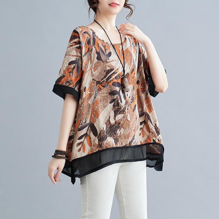 Футболка большого размера из хлопка и льна для женщин, летняя, новый стиль, литературный принт, свободная, с принтом мяса, повседневная, универсальная, с круглым вырезом и короткими рукавами