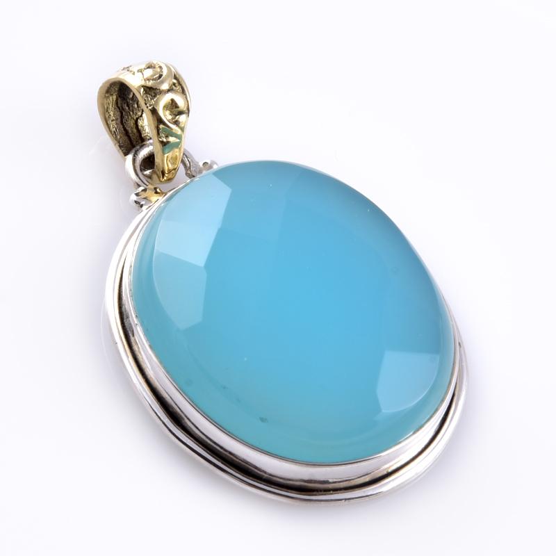 Natural Aqua Chalcedony Gemstone 925 Sterling Silver Two Tone Pendant 1.5'' J7u11