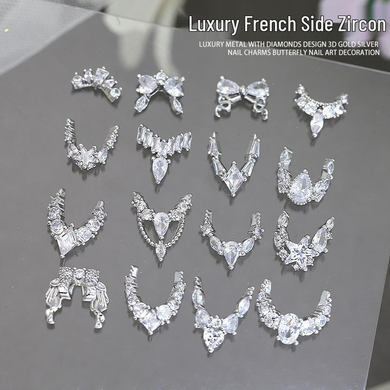 Elegant 3D French Crescent Zircon Nail Art with Star Design
