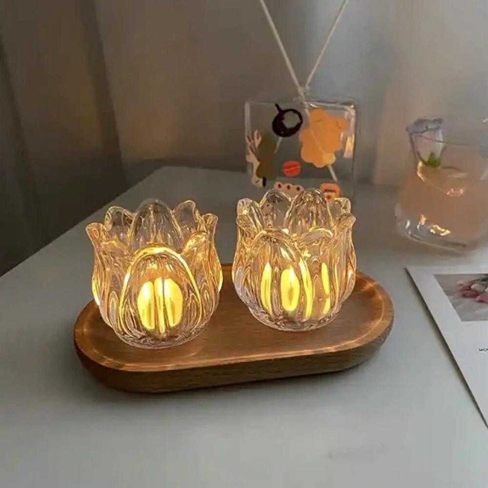 2PCS Elegant Vintage Tulip Shaped Candle Holder Romantic Clear Candle Cup Ornament Mini Candlestick Holder Wedding