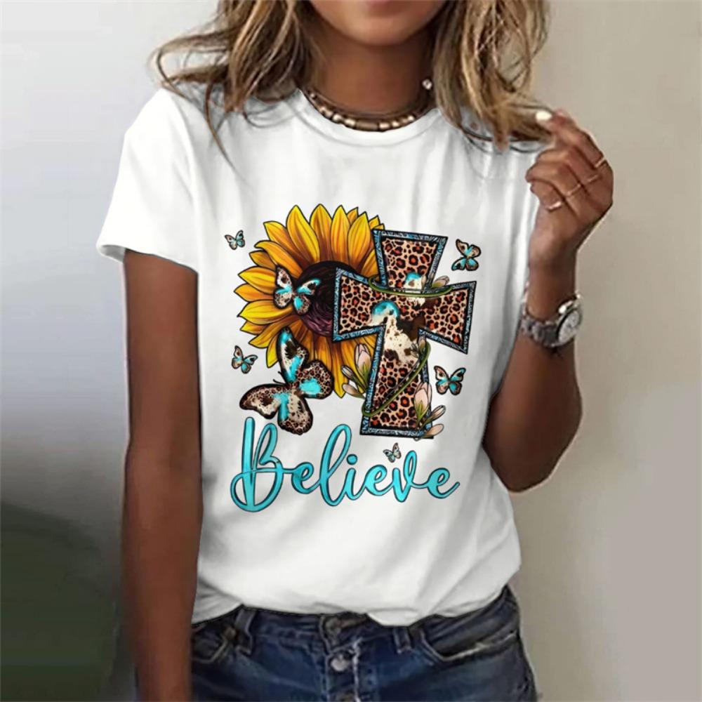 Футболка с рисунком креста Иисуса для женщин Футболки с 3D-принтом Священное христианство Летняя мода Уличные футболки с короткими рукавами Топы с круглым вырезом