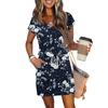 Women's Summer V-Neck Casual Short Sleeve Drawstring With Pocket Vintage Floral Dresses
